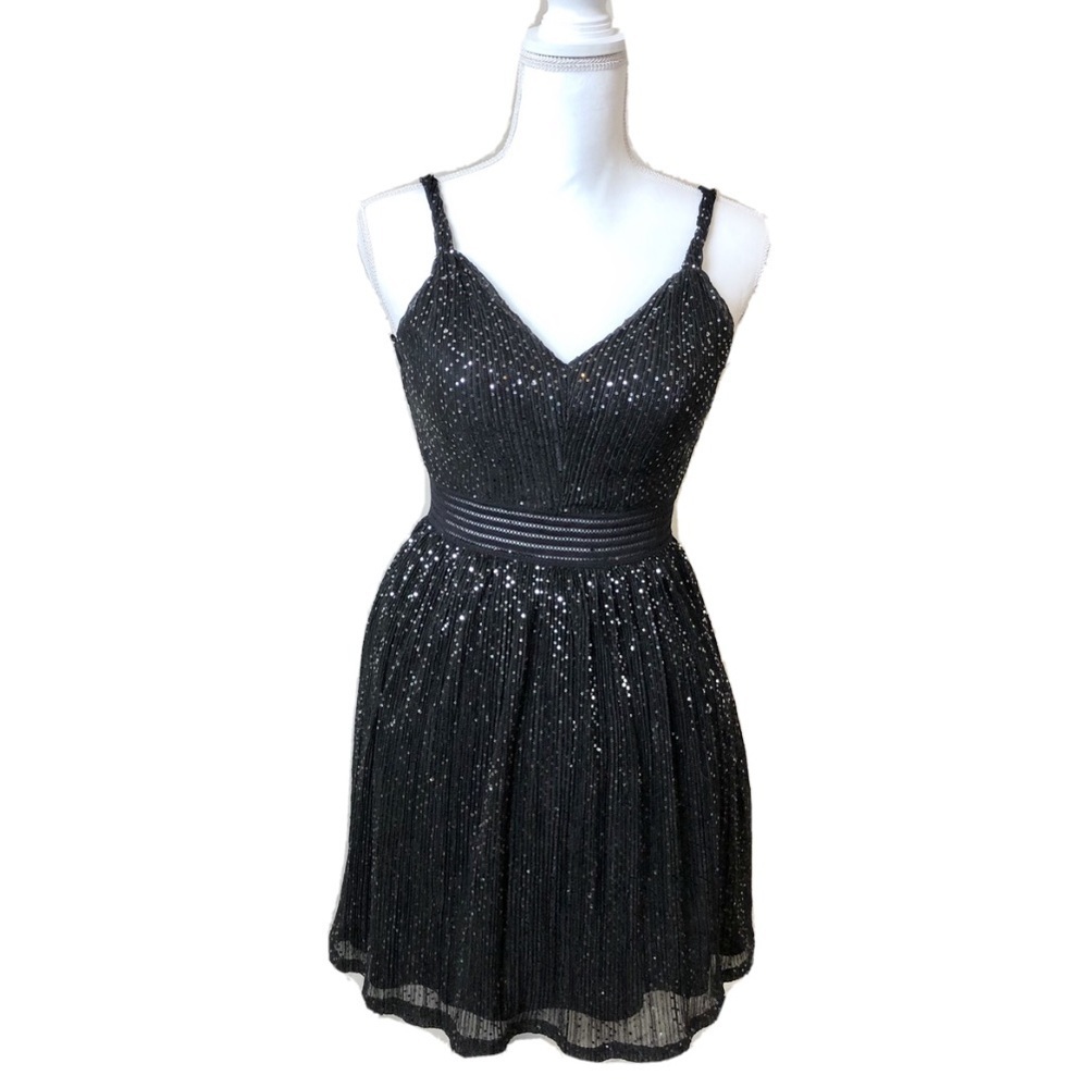 City Studio Silver Sequin V Neck Fit & Flare Black Dress Juniors size 3